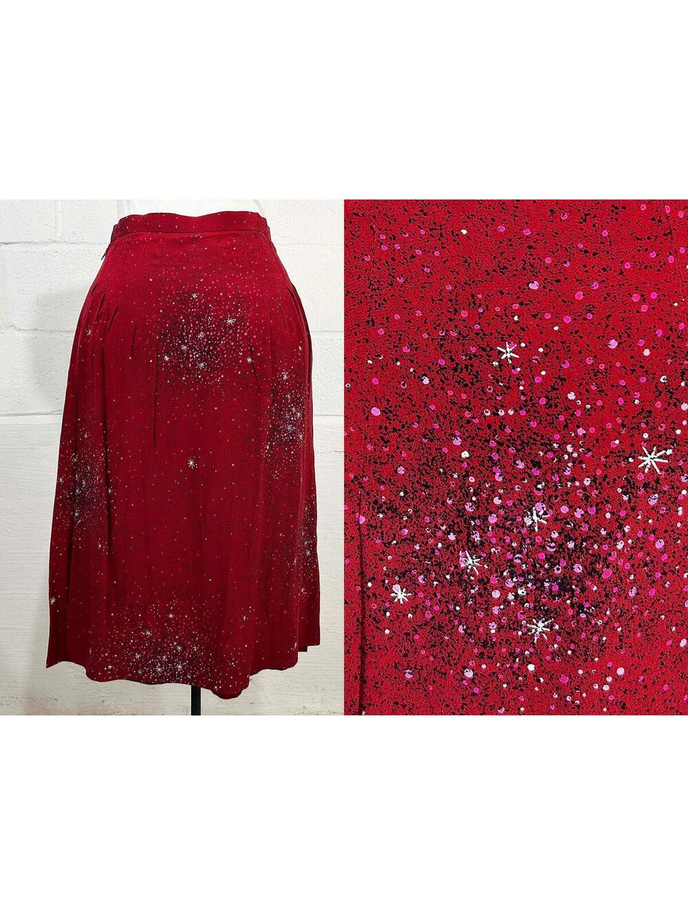 Vintage Bernard Danaé Skirt Paris France Silk Red Starburst 1970s 1980s Small